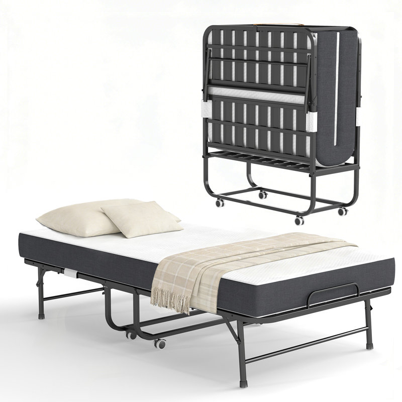 Extra Long Folding Bed for Tall People, Heavy Duty Rollaway Bed with 5" Memory Foam Mattress, Portable Guest Bed on Wheels, Space Saving Twin Size Foldable Bed