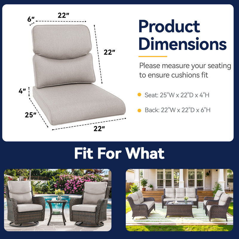 Carolina 22 x 25 inch Outdoor Cushion For High Back Chair, 4 inch Thick Outdoor Replacement Cushion, Patio Wicker Chair Cushion Set