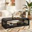 Table basse rectangulaire incurvée en rotin, table centrale de rangement à 2 niveaux en bois, table basse bohème de style ferme pour salon, appartement, décoration intérieure, noir-2023375079