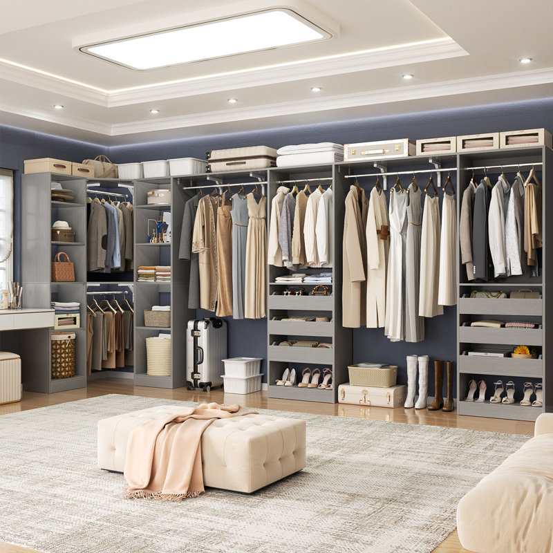 Système d'organisation 159 po x 39 po avec porte et tiroirs en bois (largeur réglable), Gris