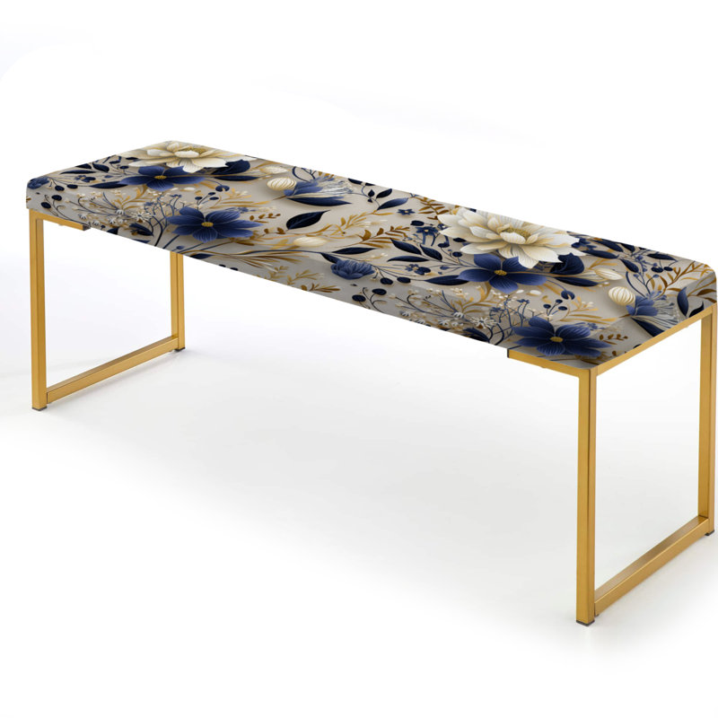 Floral Upholstered Gold Bench, Tranquil White Floral Abundance Zen