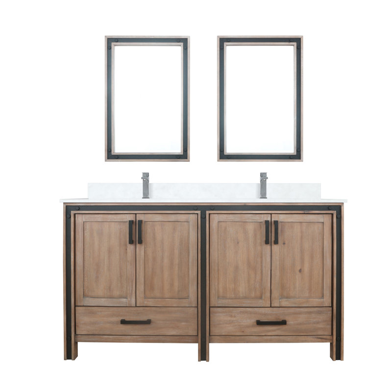 Ziva 60 in W x 22 in D Double Bath Vanity, White Top, 22 in Mirrors and Chrome Faucet Set, Rustic Barnwood