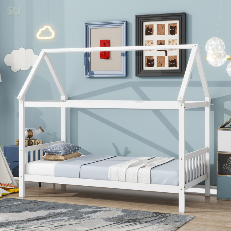 Twin Size House Bed With Roof Design, Solid Wood House Bed With Headboard And Footboard, White
