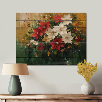 Été, couronne dorée de poinsettias II - Art mural en bois poinsettias - sur bois de pin naturel