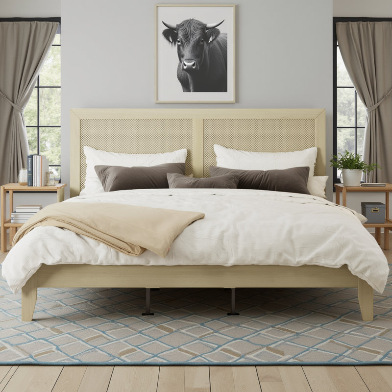 Natural Solid Wood Platform Bed with Woven Rattan Headboard, Bed Frame for Coastal, Boho & Farmhouse Bedrooms, King