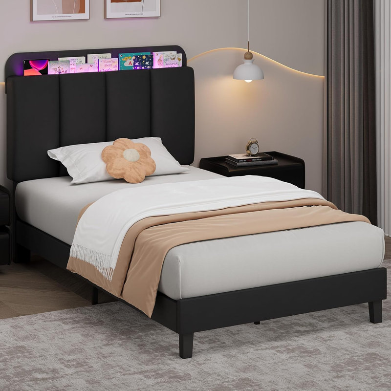 Structure de lit avec rangement, lit plateforme tapissier avec tête de lit à DEL, Simple, Noir