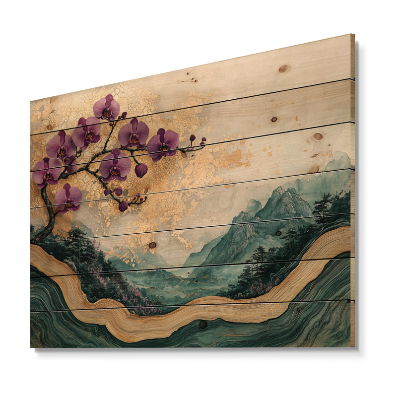 Lavande orchidées fleurs sur émeraude géode I - art mural bois d'orchidée - sur bois de pin naturel