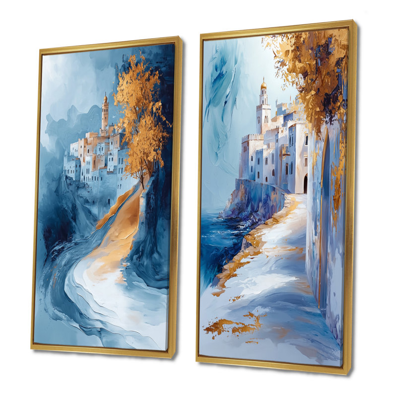 Ensemble de 2 pièces d'art marocain Rabat bleu Kasbah I - Maroc, H 40 po x l 40 po, Cadre flottant doré