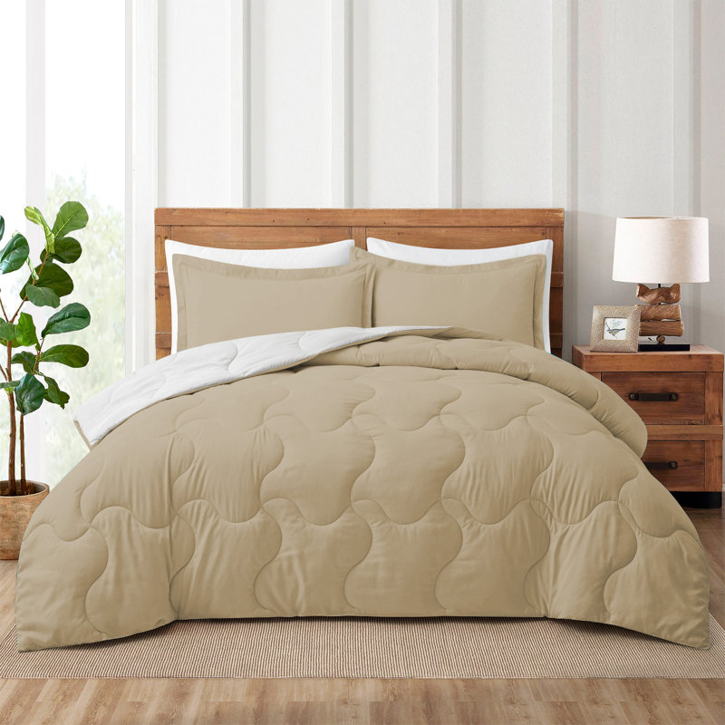 Ensemble d'édredon réversible en microfibre , Édredon double + 2 taies d'oreiller standard, Bleu foncé / Gris foncé
