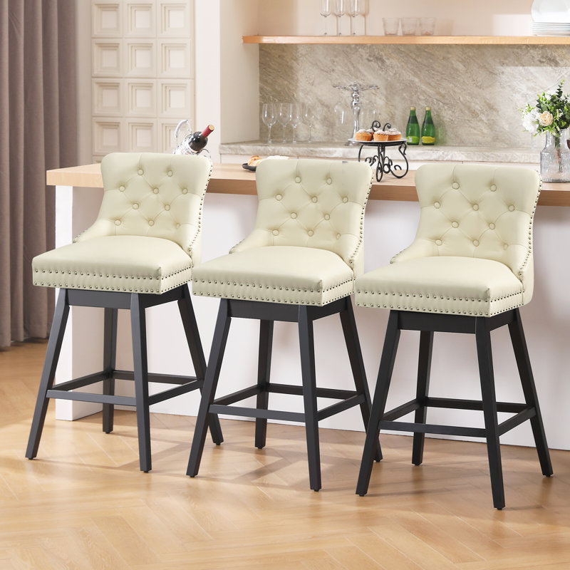 Bar Height Bar Stools Set Of 3 – Upholstered Swivel Bar Stools For Kitchen Island, Modern Design With Thickened Cushions, Backs, And Solid Wood Legs