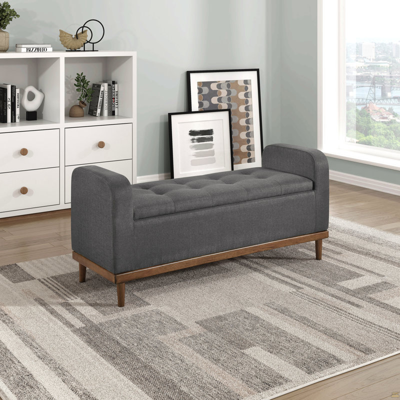 Mid-Century Modern Lift Top Storage Bench 1Pc Tufted Dark Gray Upholstered Solid Wood Walnut Finish Wooden Furniture