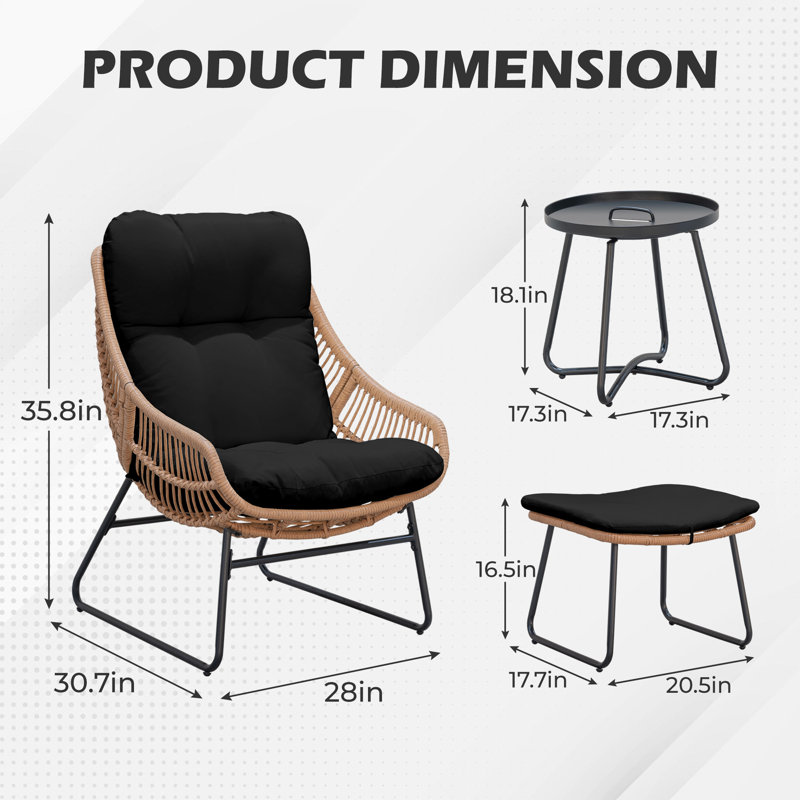 Ensemble de conversation d'extérieur 3 pièces avec coussins, repose-pieds et table d'appoint 3 pièces, Noir, noir, noir, noir