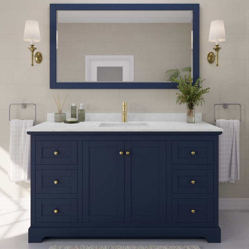 Avery 60'' Single Bathroom Vanity with Top, Light Vein Carrara Cultured Marble, Dark Blue, Brushed Gold