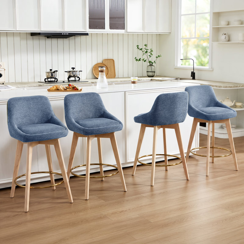 Tabourets de bar pivotants Ashwell de 26,8 po de style moderne du milieu du siècle, recouverts de lin, avec dossier incurvé, pieds en bois massif et repose-pieds en métal (ensemble de 4)