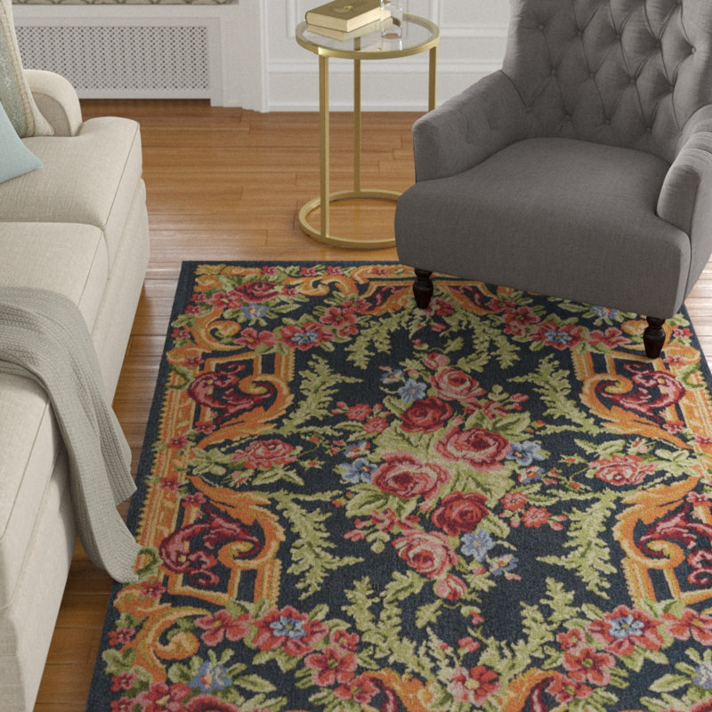 Classic Vintage Black and Rose Floral 4' x 6' Cotton Area Rug