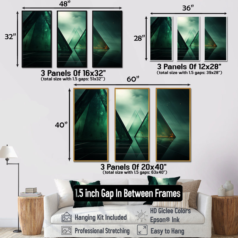 «Green Abstract Echoes Of Pyramid IV», art mural géométrique, Cadre flottant noir, H 32 po x l 48 po x P 1 po