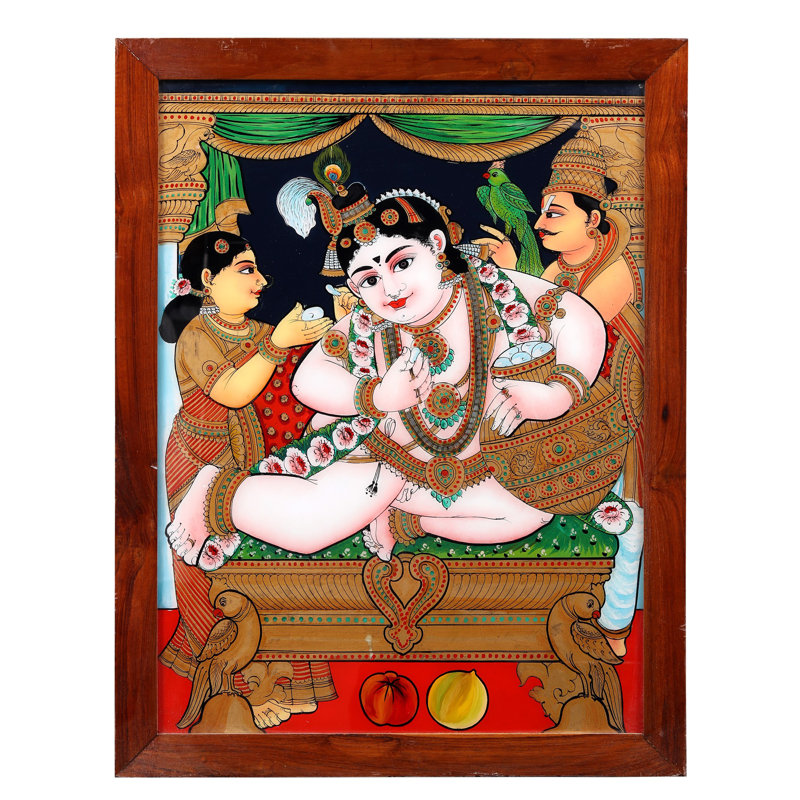 Butter Krishna, peinture sur verre avec cadre en bois