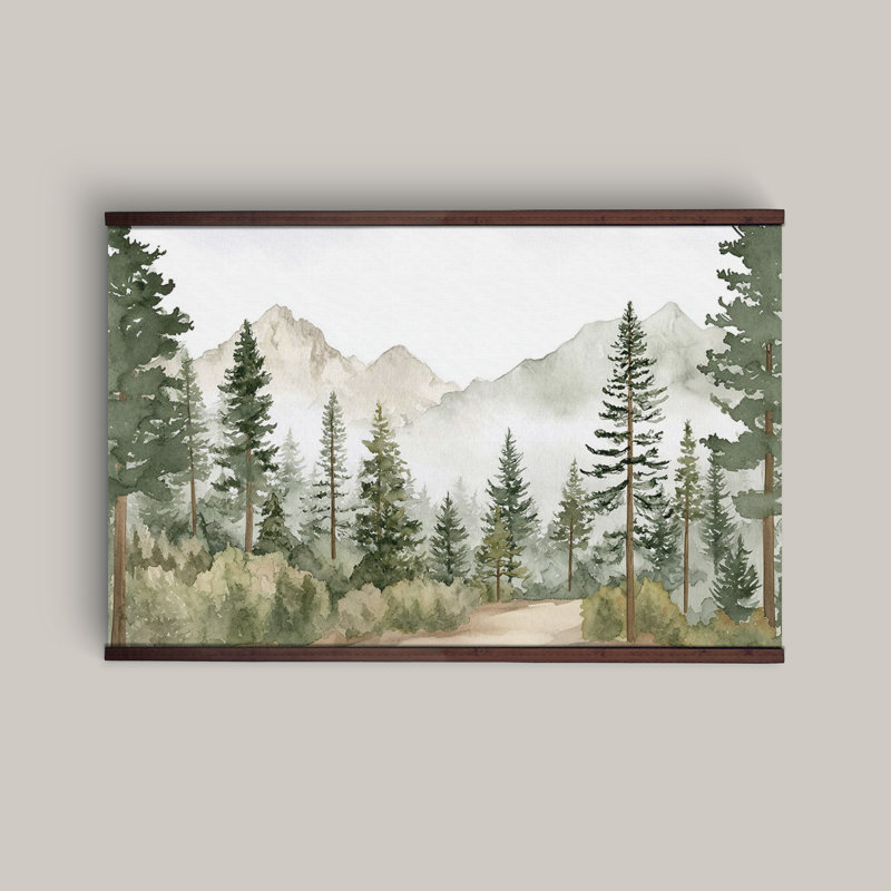 Art mural tapisserie forêt de pin de montagne avec cintres en bois - aquarelle, H 40 po x l 60 po