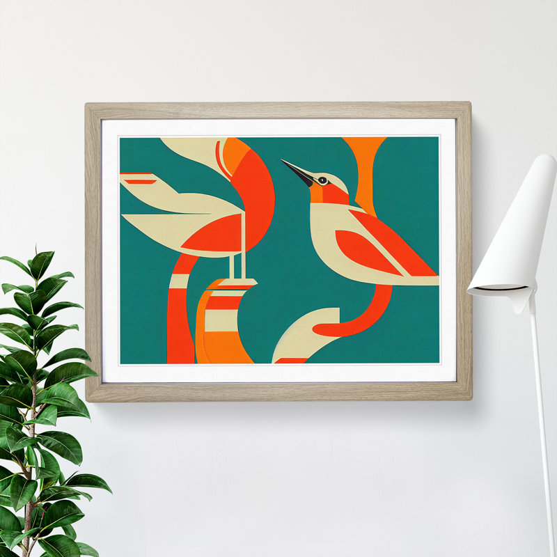 Kingfisher Bird Deco Abstract - Framed Print, 25cm H x 34cm W x 2cm D, Oak