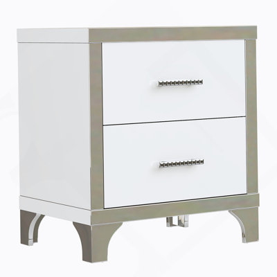 Elegant High Gloss Nightstand With Metal Handle,Mirrored Bedside Table With 2 Drawers