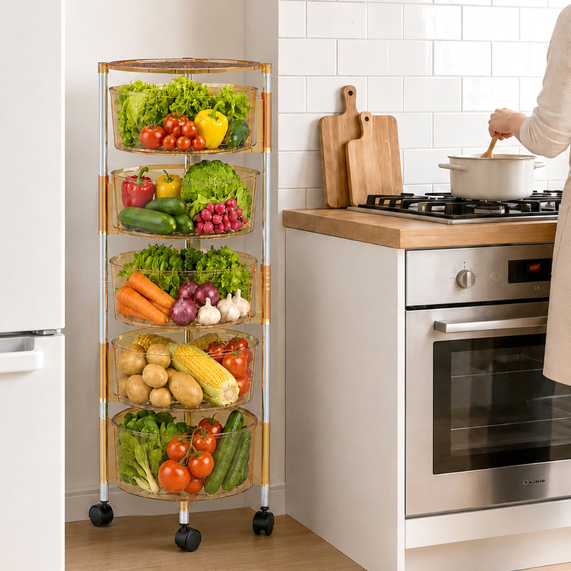 Étagère de rangement de cuisine rotative, panier en métal à 5 ​​niveaux avec roulettes, chariot de rangement vertical grande capacité pour fruits et légumes, organisateur de pommes de terre et d'oignons, couleur champagne