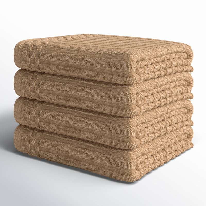 Kleiman Cotton Highly Absorbent Solid and Checkered Border Hand Towel Set, Light Brown