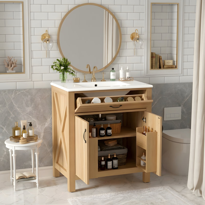 Meuble-lavabo moderne de 30 po en bois d'acacia avec structure en bois massif, 2 portes à fermeture douce, 1 tiroir rabattable, tablette en U réglable