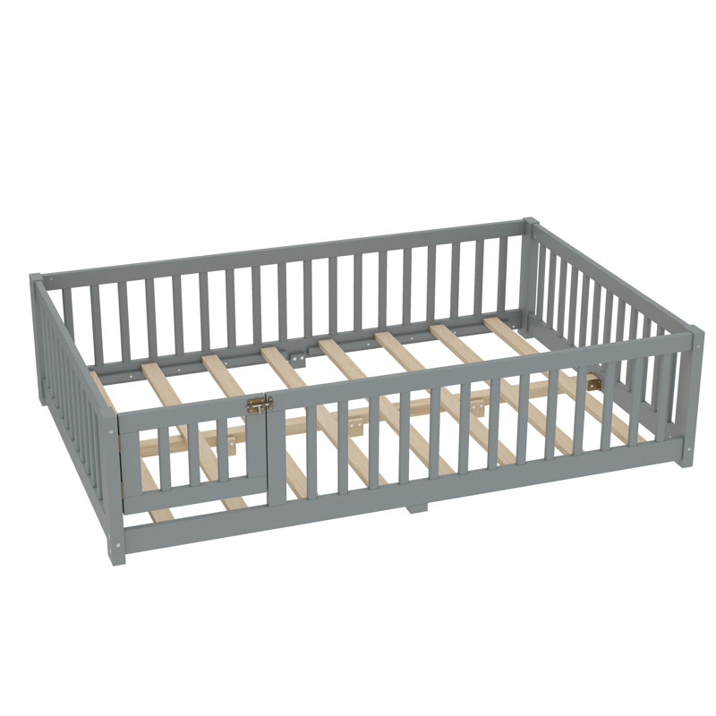Kids Floor Bed with Safety Guardrails & Door, Low Profile Pine Wood Twin Bed for Children, Gray, Full
