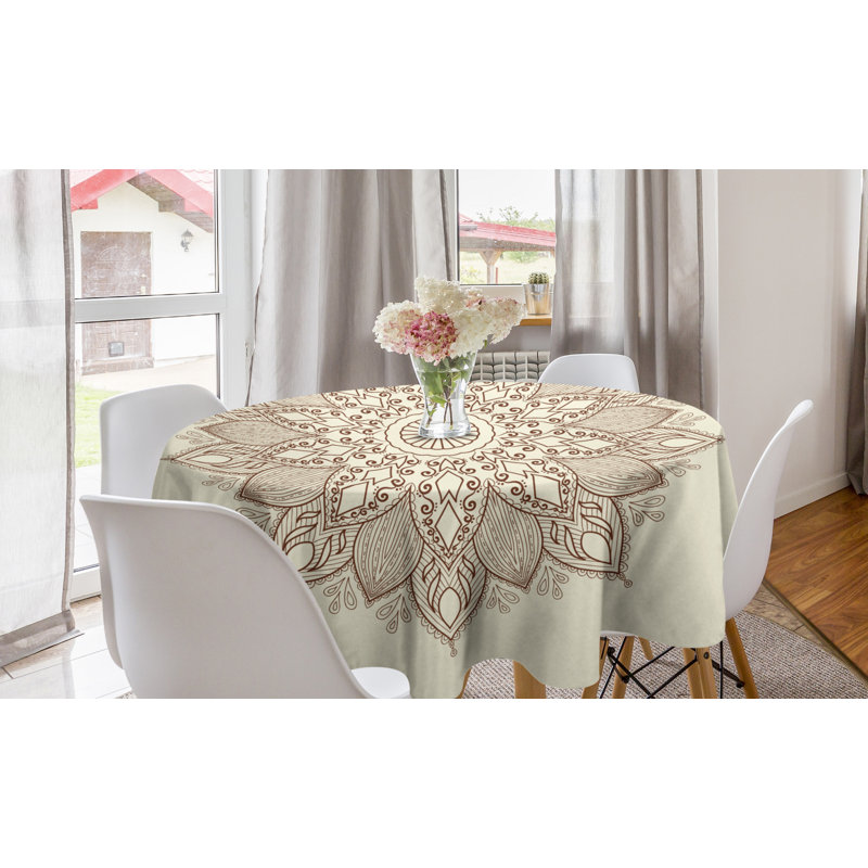 Ambesonne Brown Mandala Round Tablecloth, Round Lace Pattern With Ornamental Curls Diamond And Drop Shapes, Circle Table Cloth Cover For Dining Room Kitchen Decoration, 60", Brown And Ivory