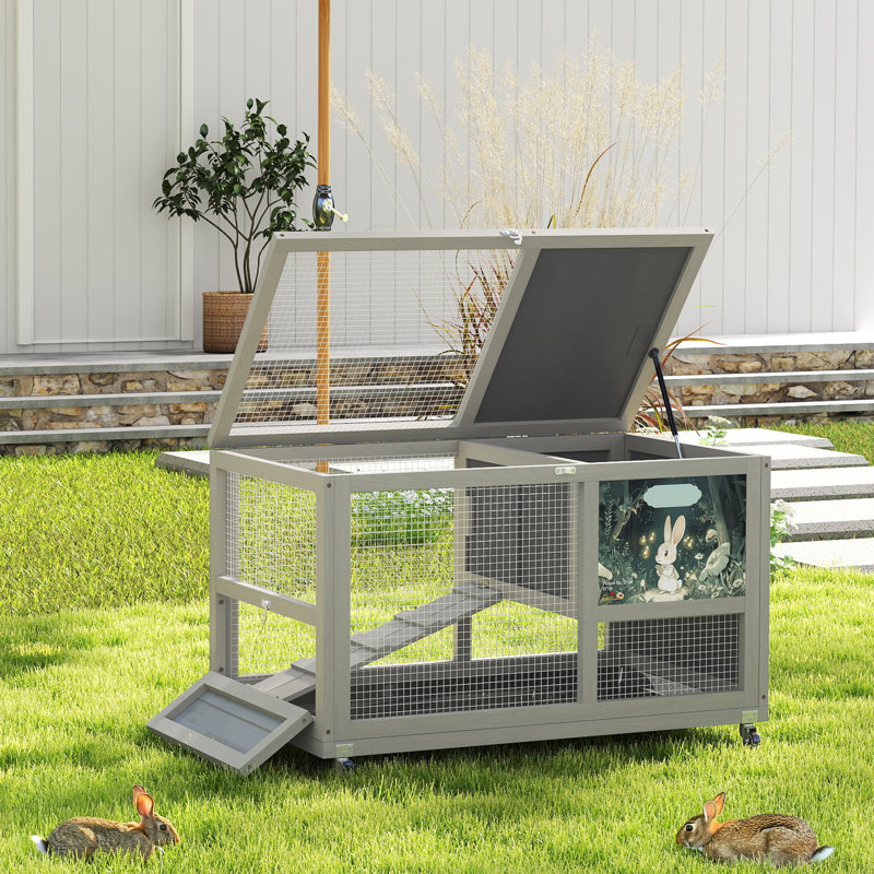 Cage à lapin en bois pour l'intérieur avec roulettes, Gris