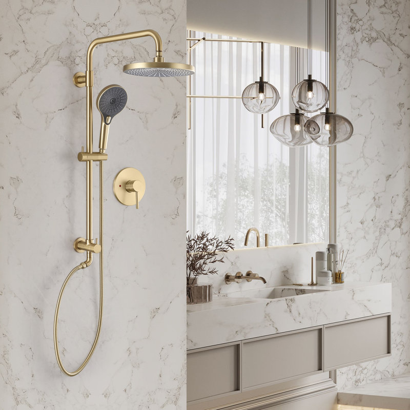 Cascade 10" Solid Brass Exposed Round Shower Combo Set With Pressured Balanced Valve, Brushed Gold with Rough-in Valve