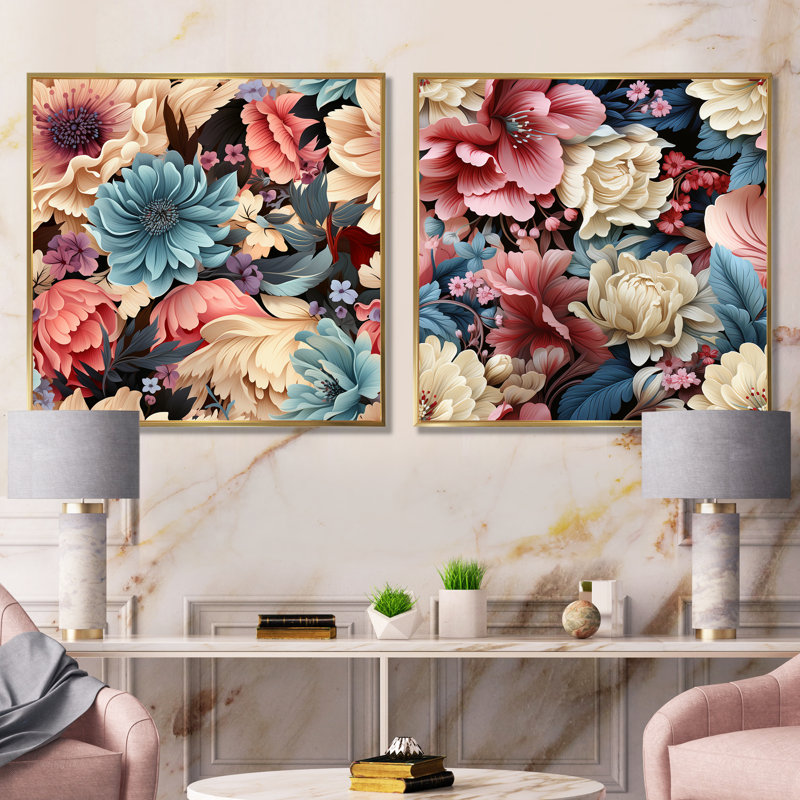Eya - Ensemble de 2 décorations murales florales, Cadre flottant doré, H 16 po x l 33 po x P 1 po