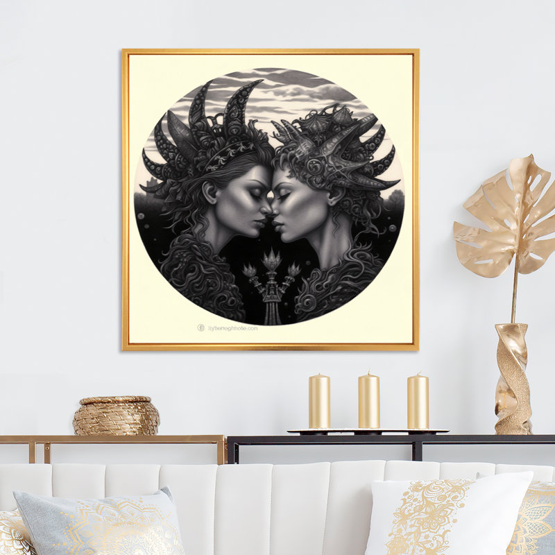 Reproduction sur toile d'un couple de femmes célébrant l'amour divin, H 30 po x l 30 po x P 1 po, Cadre flottant doré
