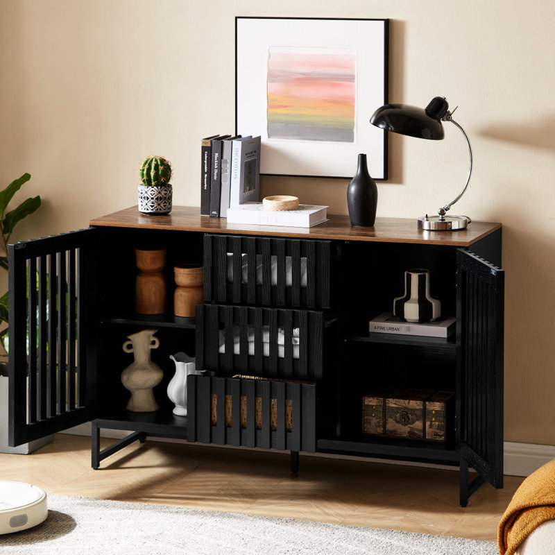 Commode de chambre moderne en noir avec 3 grands tiroirs et 4 tablettes en métal