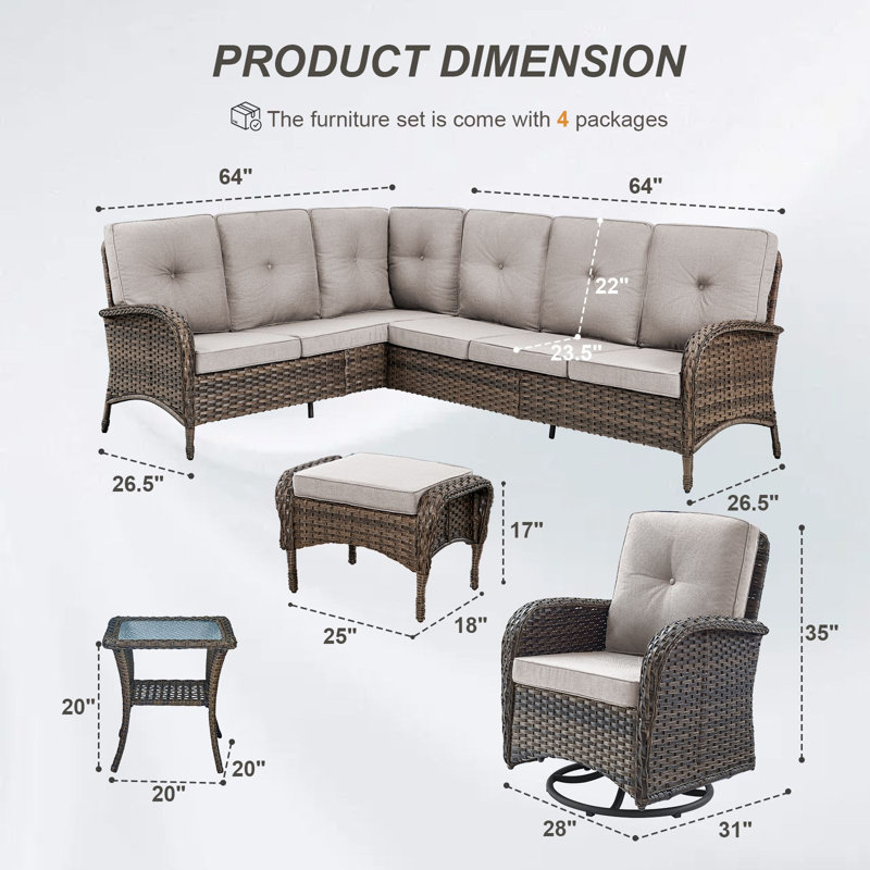 Valierius L-Shaped Outdoor Sectional Sofa Set With Swivel Chairs, Perfect For Patios & Gardens, Beige