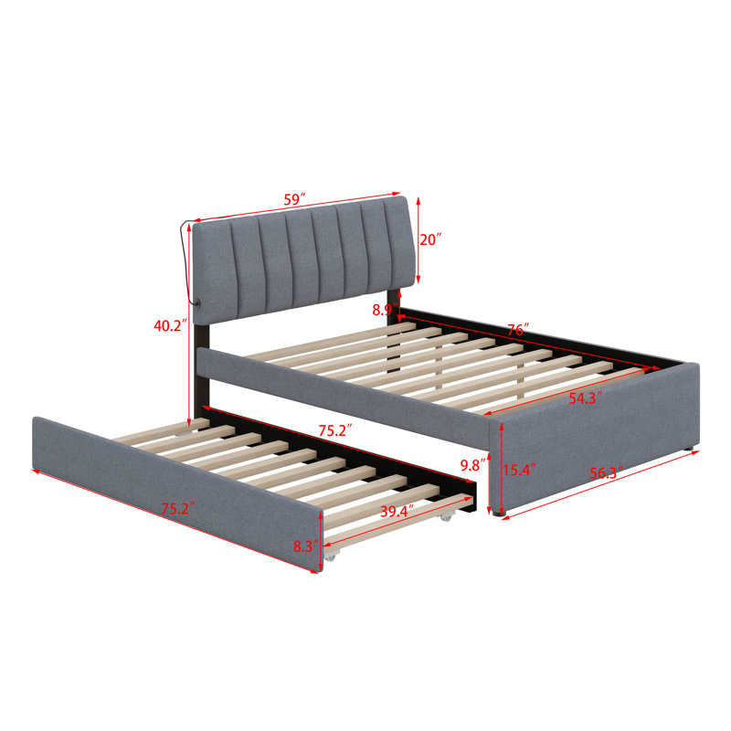 Lit plateforme tapissier Teddy, Gris, Double