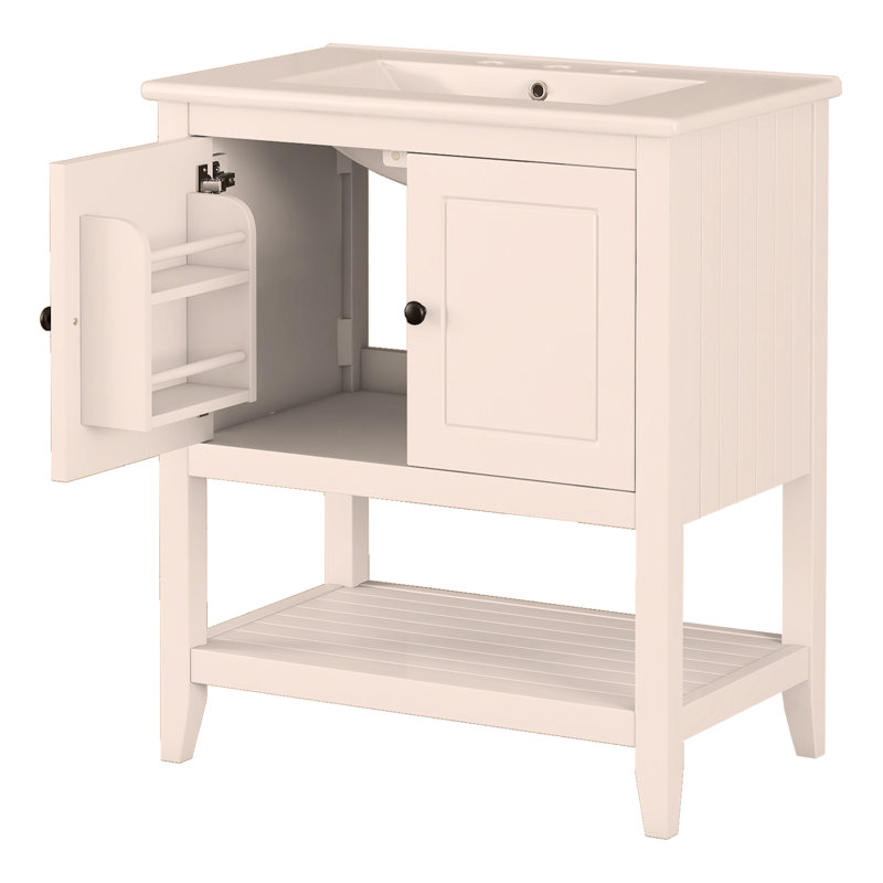 Lavabo de meuble-lavabo moderne élégant en céramique 30 po avec cadre ouvert en bois massif