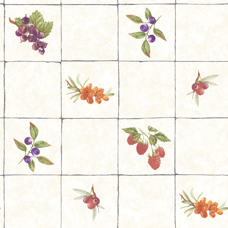 Just Kitchens Fruit Tile Design 33' L x 21" W Wallpaper Roll, Cream/Purple/Orange