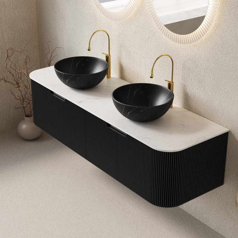 Meuble-lavabo de salle de bain 60 po, 2 tiroirs, 2 cuves en céramique et un plateau en pierre frittée blanc de Carrare, pré-assemblé, de couleur noire 
