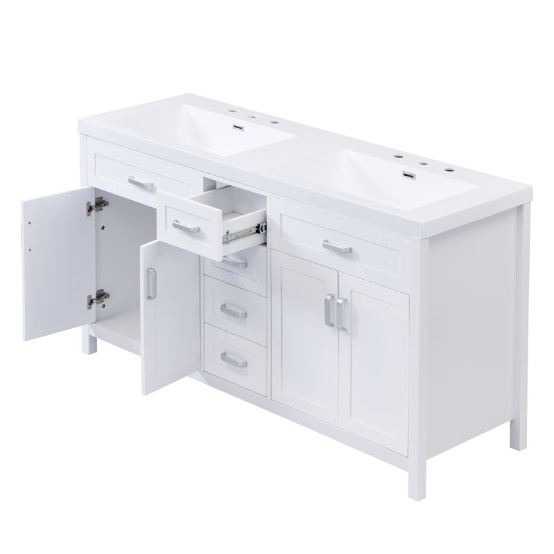 Meuble-lavabo double lavabo de 150 cm avec dessus de lavabo en résine, poignées en métal argenté, portes et tiroirs à fermeture amortie, 4 tiroirs centraux et 2 armoires à double porte.