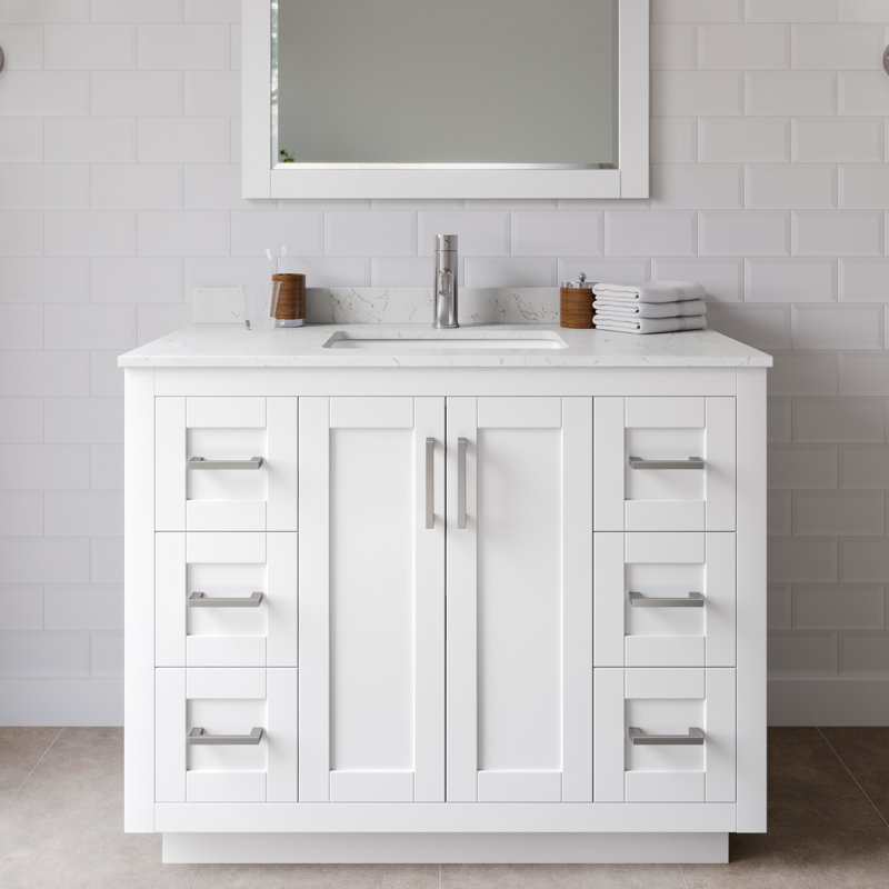 Miranda 42" Freestanding Single Bathroom Vanity with Cultured Marble Top, White, Carrara Cultured Marble, Brushed Nickel