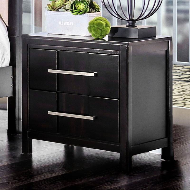 Table de chevet de style transitionnel, 2 tiroirs, base en bois massif, plateau doublé de feutre, quincaillerie en nickel pour table de chevet couleur tiroir et placage, point focal