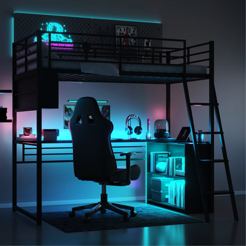 Lit mezzanine simple en métal avec éclairage à DEL, bureau, tablettes et 4 lumières à DEL noires fonctionnelles, Lit simple
