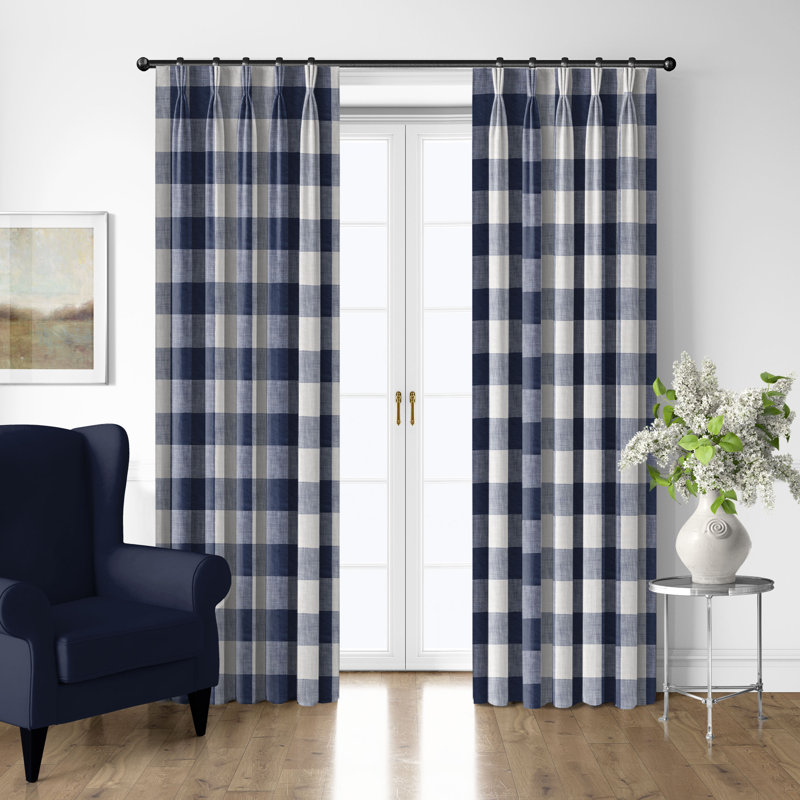 Walker Buffalo Indigo/Ivory Cotton Pinch Pleat Drapery Panel Set of 2, 40" W x 132" L