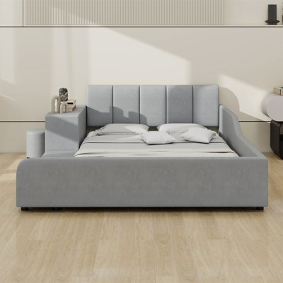 Upholstered Grounded Bed, Mother & Child Bed With Bedside Desk And Little Round Stool by Latitude Run