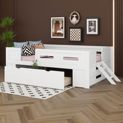 Lit plateforme double avec garde-corps et tiroir, cadre de lit plateforme en bois pour enfants avec support à lattes de bois 