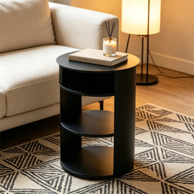 Indoor 3-Tier Metal Round Side Table With Sliding Door Cabinet