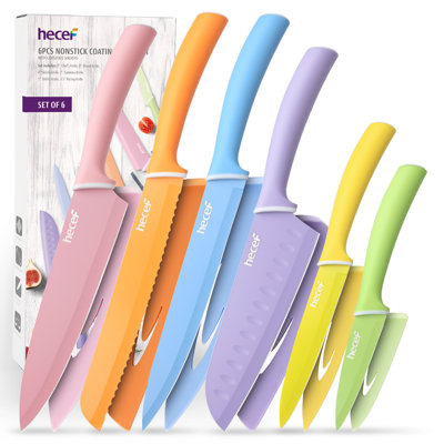 Hecef 6-Piece Kitchen Knife Set With Sheaths – Colorful Nonstick Coated Stainless Steel, Ergonomic Handles, Dishwasher Safe