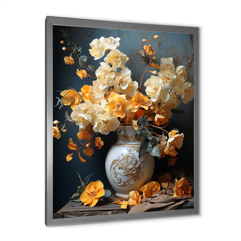 Luxueux orchidée jaune doré renversé II, Cadre simple argenté, H 40 po x l 30 po x P 1,5 po