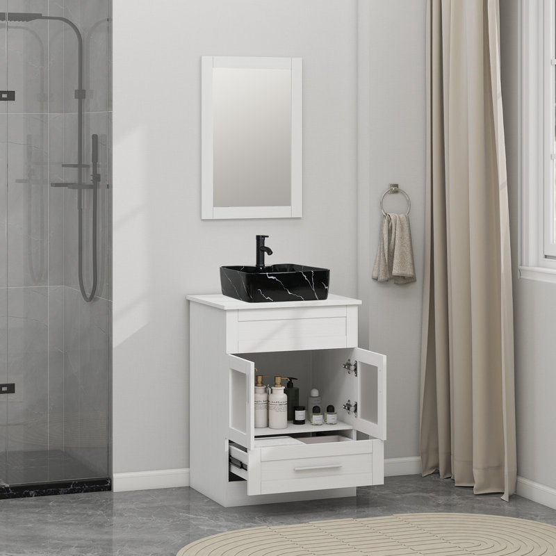 24'' Single Bathroom Vanity with Manufactured Wood Top, White, White
